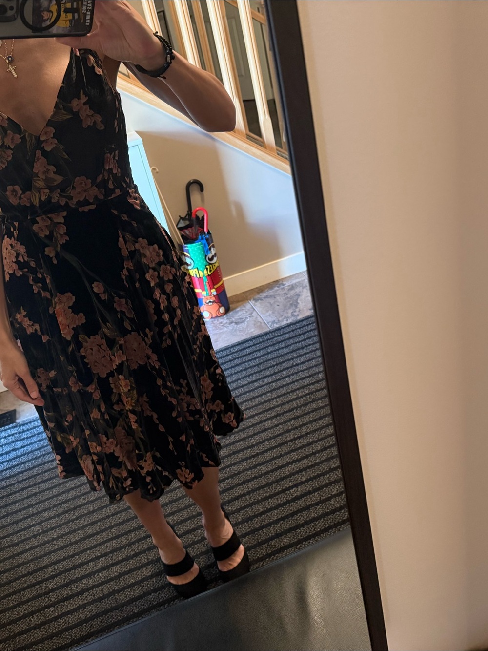 Dex Black Midi Dress with Pink Floral Print